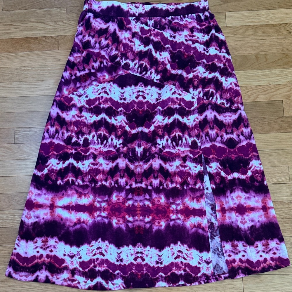Anthro Purple Tie Dye Midi Skirt XL Side Slit Stretch Boho Festival